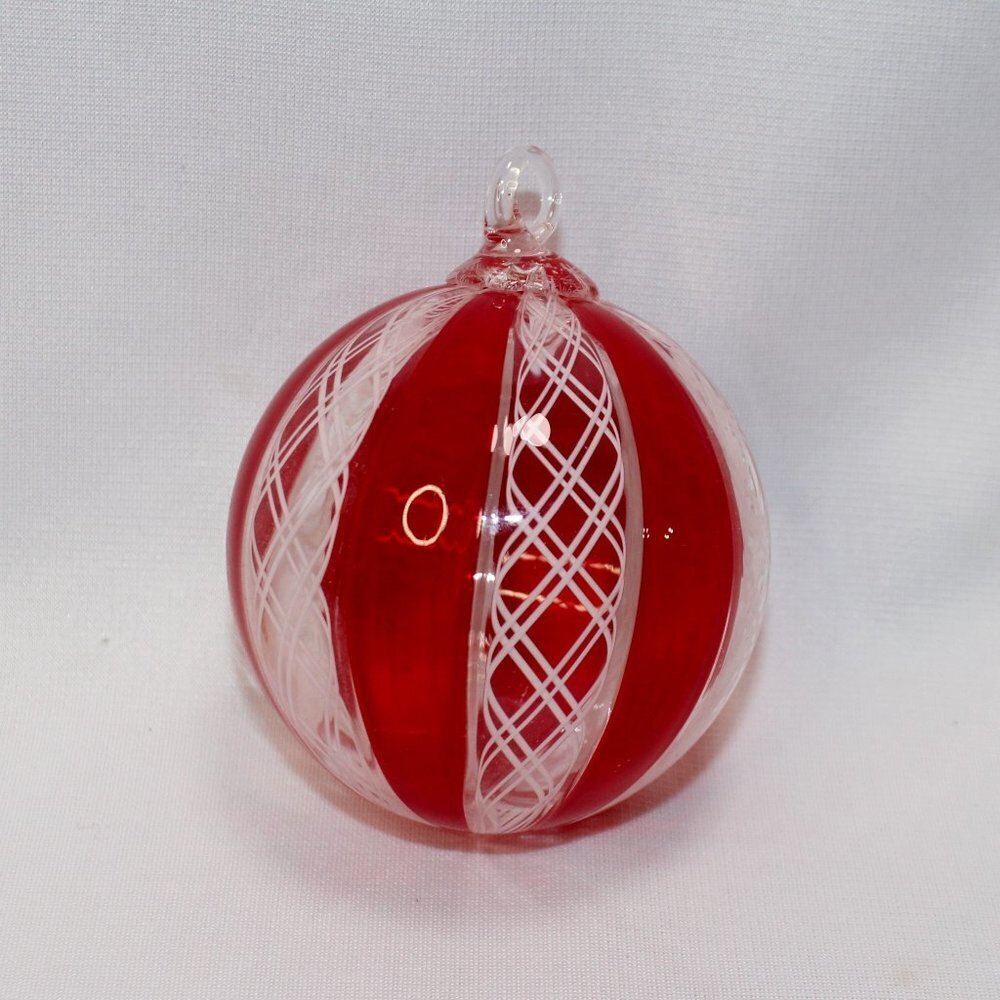 Blown Glass Red Clear and White Stripe Ball Ornament